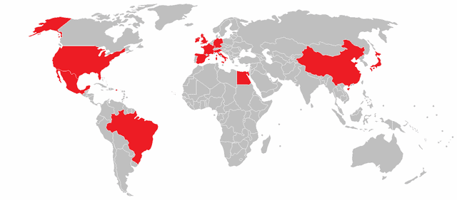 World map, red indicating Lilly manufacturing plants